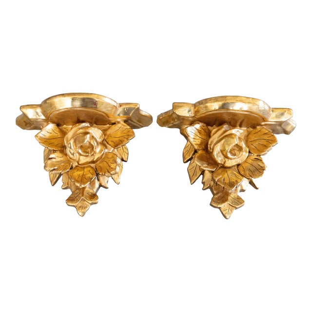 1940s Italian Giltwood Roses Wall Brackets Shelves - a Pair For Sale