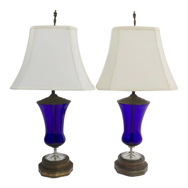 Pr. Cobalt Urn Form Lamps For Sale