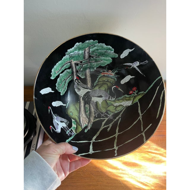 Vintage Black Chinese Bowl With Cranes For Sale - Image 10 of 12