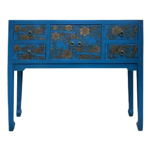 Blue Lacquer Golden Flower Graphic Drawers Slim Foyer Side Table