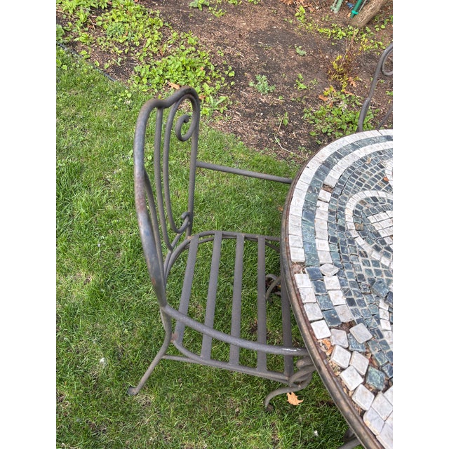 2000 - 2009 Patio Set Tile Top Table and 4 Chairs Wrought Iron For Sale - Image 5 of 13