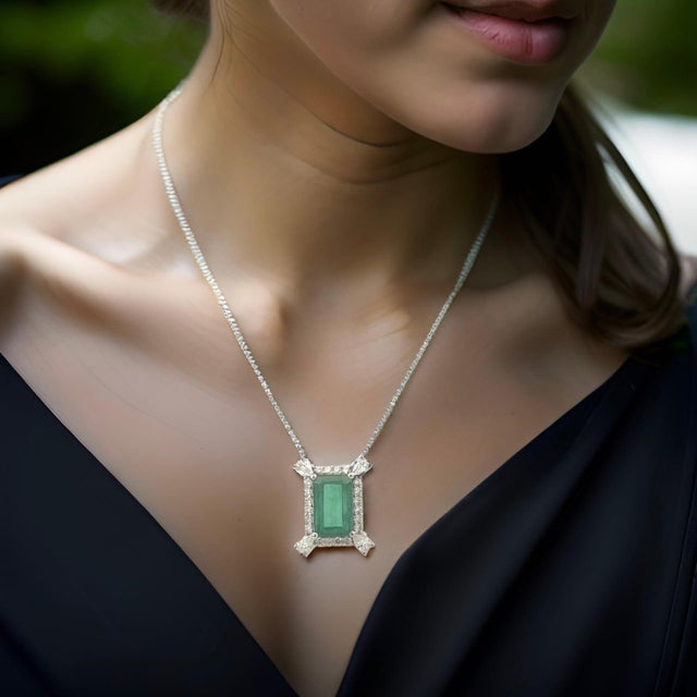 Natural Emerald Diamond Necklace 18" 14k Gold 6.04 TCW Certified For Sale - Image 10 of 12