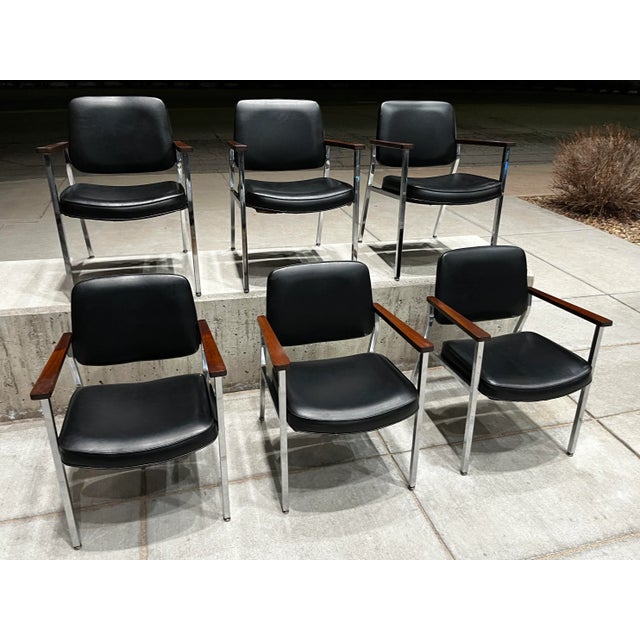 Danish modern style chrome and vinyl conference offfice or walnut armchairs after George Nelson’s highly sought after...