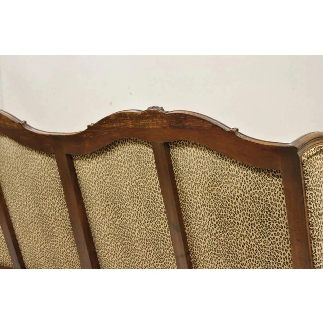 Vintage French Country Louis XV Carved Walnut Cheetah Print Wingback Sofa Settee For Sale - Image 9 of 12