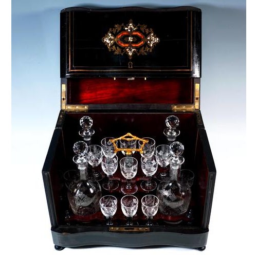 French 'Cave À Liqueur' Napoléon III Travel Bar, Ca 1870/1880: Wooden box, painted black on the outside with brass and...