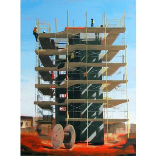 Scaffolding in Red by Tracy Wall | Oil Painting of a construction site with scaffolding For Sale