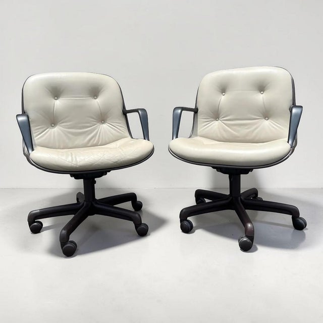 Charles Pollock Cream Vinyl Faux Leather Steelcase 451 Swivel Chairs - a Pair For Sale - Image 4 of 12