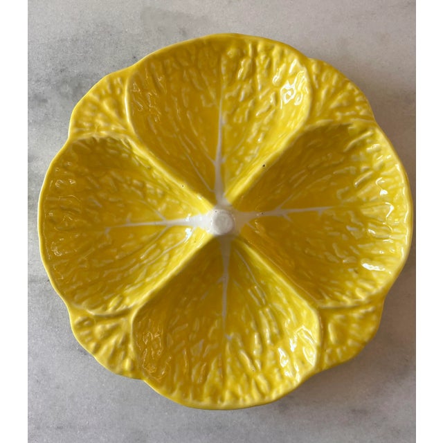 Vintage bright yellow Majolica cabbage ware divided serving bowl with 4 cabbage leaf sections made in Portugal by Secla....