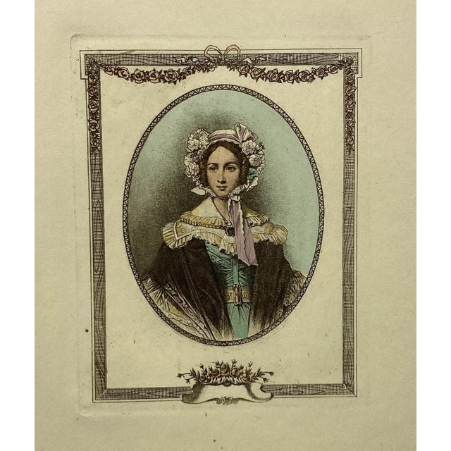 Set of 4 handcolored portrait etchings of 18th century ladies by DuVal. One is signed.