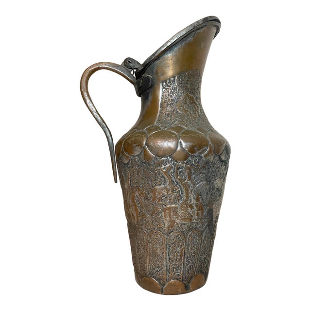 Large Antique 1800s Tooled Copper Middle Eastern Water Pitcher Metalware Pot Jug For Sale