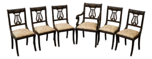 Set of Six Regency Style Ebonized and Parcel-Gilt Lyre Back Dining Chairs