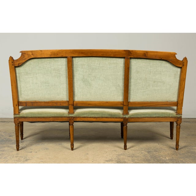 18th Century French Louis XVI Walnut Settee With Celadon Velvet For Sale - Image 18 of 18