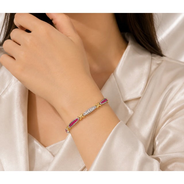 Traditional Late 20th Century 14K White Gold Ruby Diamond X Tennis Bracelet For Sale - Image 3 of 3