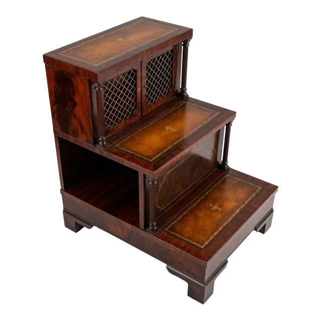 Early 19th Century Regency Mahogany Library Steps Cabinet – Tooled Leather Insets & Brass Grille Doors For Sale