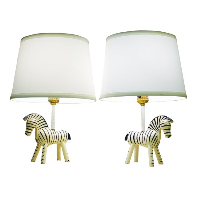 1950s Rare Matched Pair Kay Bojesen Denmark Hand Painted Danish Modern Wood Zebra Table Lamps Monkey For Sale