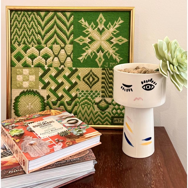 Vintage 1976 Needlepoint Sampler in Shades of Green With Original Gold Frame, Artist Signed For Sale - Image 12 of 12