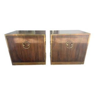 Pair of Mastercraft Grand Rapids Brass-Banded Walnut Nightstands, Circa 1970s–1980s For Sale
