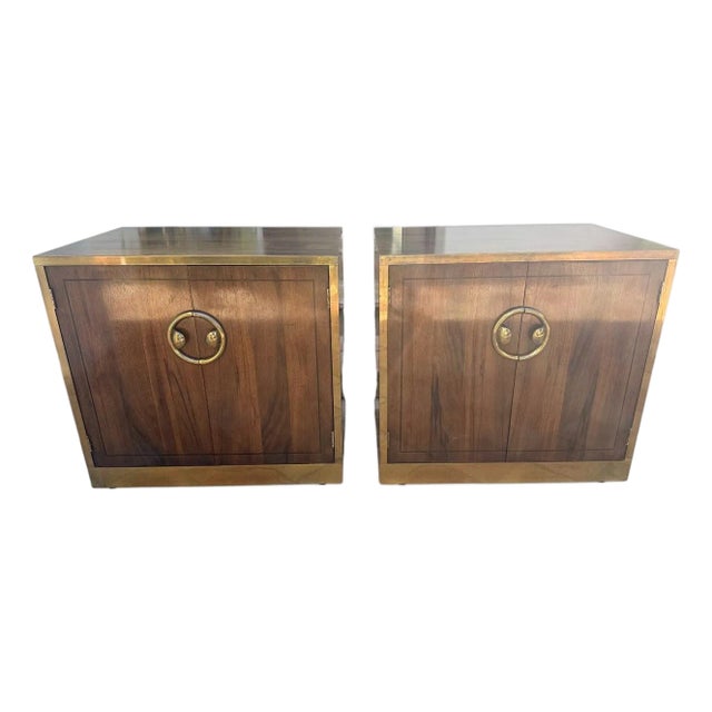 Pair of Mastercraft Grand Rapids Brass-Banded Walnut Nightstands, Circa 1970s–1980s For Sale