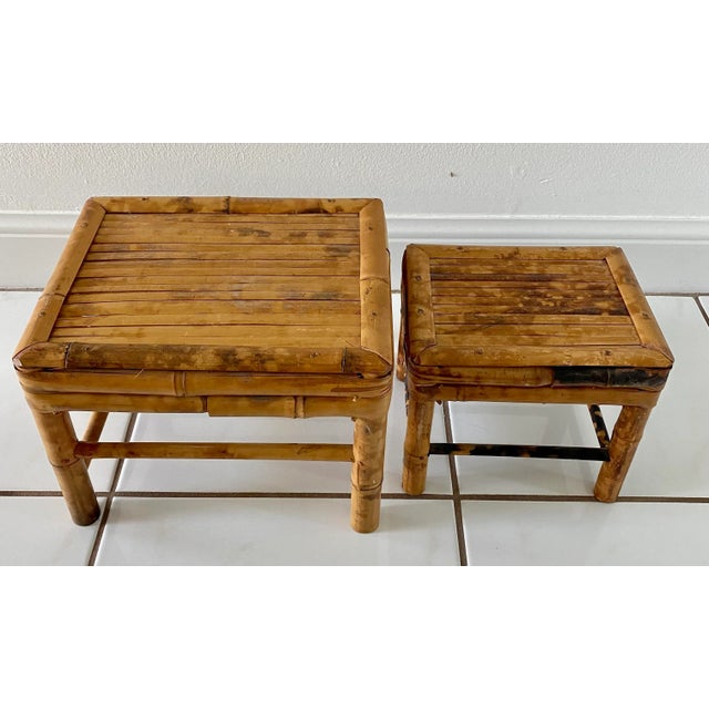 Boho Chic Vintage Bamboo Nesting Stools Rattan Plant Risers - Set of 3 For Sale - Image 3 of 13