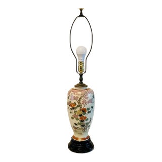 Vintage Satsuma Style Porcelain Table Lamp-Floral-Birds-Crackle Glaze-Wood Base For Sale