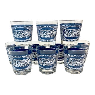 Mid-Century Americana Currier & Ives French Blue Old Fashion Lowballs Glasses - Set of 10. For Sale