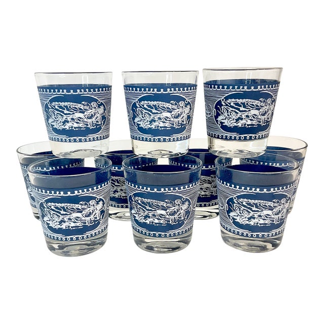 Mid-Century Americana Currier & Ives French Blue Old Fashion Lowballs Glasses - Set of 10. For Sale