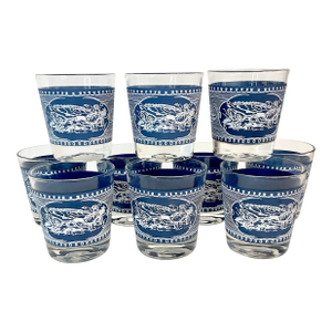 Mid-Century Americana Currier & Ives French Blue Old Fashion Lowballs Glasses - Set of 10.