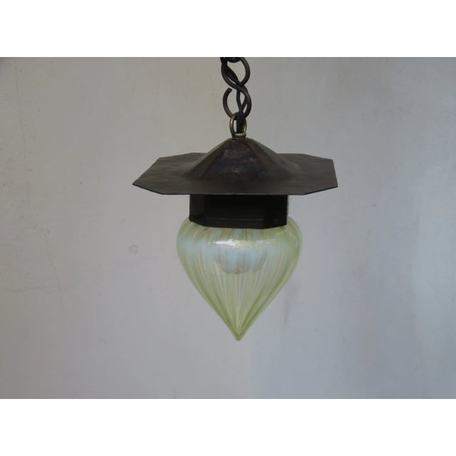 Small Antique Art Nouveau Wrought Iron and Glass Ceiling Lamp For Sale - Image 3 of 18