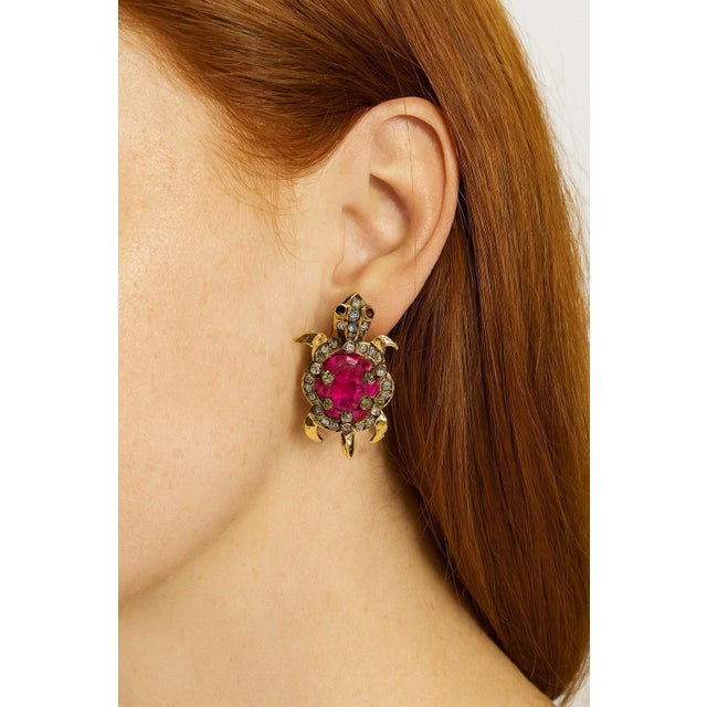 Bochic "Orient" Vintage Ruby & White Topaz Turtle Earrings Set 18K Gold & Silver, A Pair For Sale - Image 14 of 18