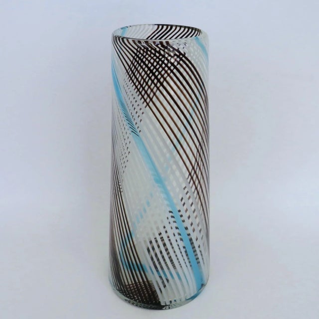 Vintage Aureliano Toso Murano blown glass vase designed by Dino Martens, formed in a conical shape with white, turquoise...