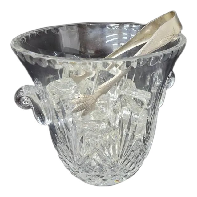 Vintage Crystal Etched Cut Glass Ice Bucket With Thongs - Set of 2 For Sale