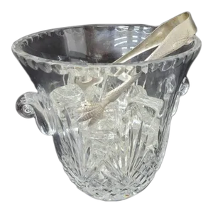 Vintage Crystal Etched Cut Glass Ice Bucket With Thongs - Set of 2