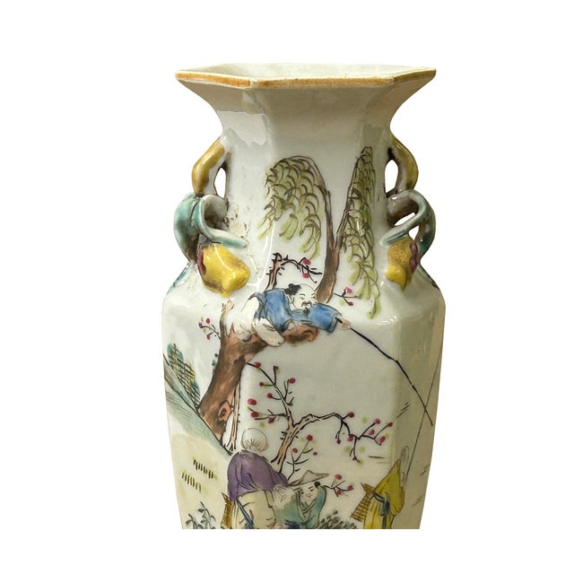 Chinese Scenery Graphic Hexagonal White Porcelain Art Vase For Sale - Image 11 of 15