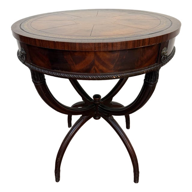 Mid-Century Regency Mahogany Drum Table With Lion Head Pulls For Sale