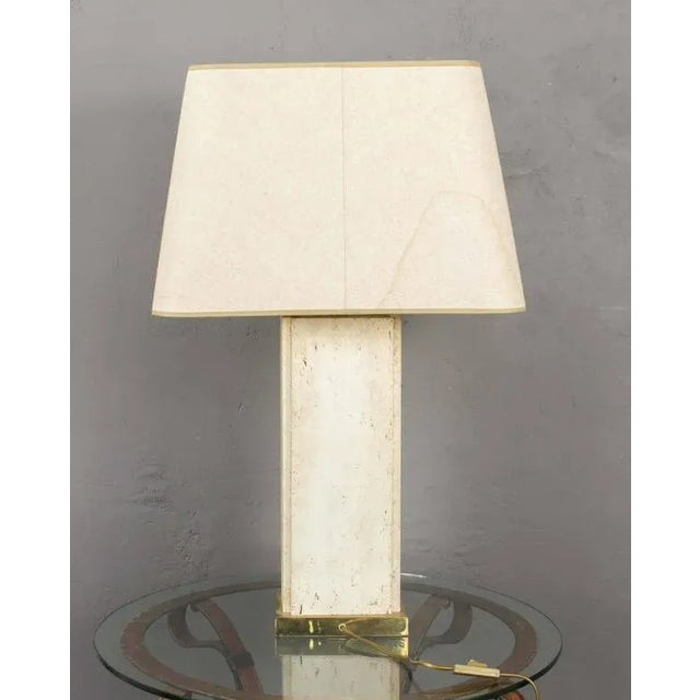 1960s Large French Mid-Century Rectangular Travertine Table Lamp With Brass Base, 1960s For Sale - Image 5 of 12