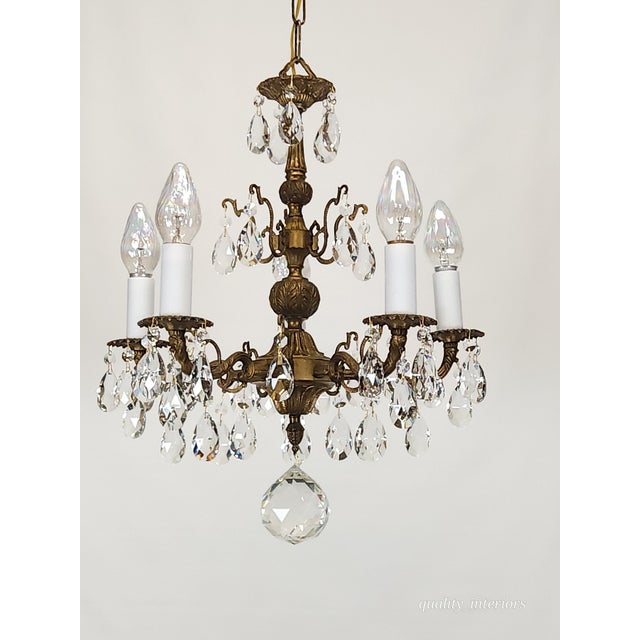 Antique 5 Arm 5 Light Dark Patina Ornate Brass Cut Lead Glass Crystal Chandelier For Sale - Image 11 of 12