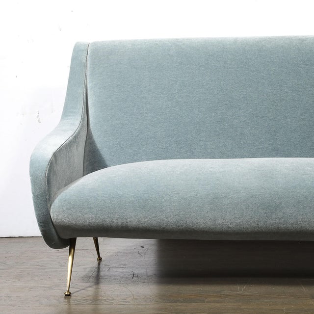 Marco Zanuso Mid-Century Lady Sofa in Powder Blue Velvet Mohair & Brass Legs by Marco Zanuso For Sale - Image 4 of 16