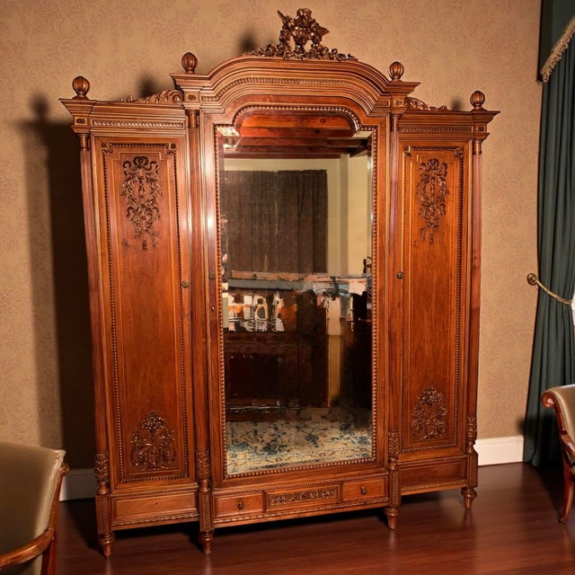 19th Century Louis XVI French Walnut Wood Antique Triple Mirrored Armoire Hutch For Sale - Image 4 of 16