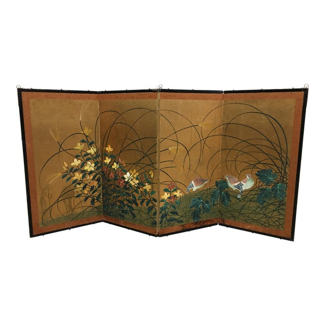 Vintage Painted Folding Screen With Florals & Birds For Sale