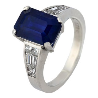 Vintage Gia 4.66 Carat Ceylon Sapphire Diamond Platinum Ring, Size 7 For Sale