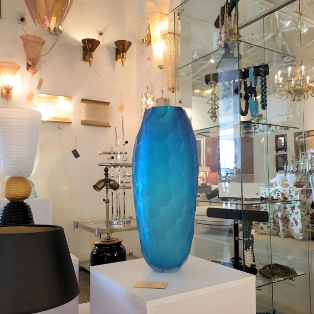 Very large blue translucent Mid Century Modern Murano glass vase. Attributed to Simone Cenedese, Murano, Italy, 1980s. The...