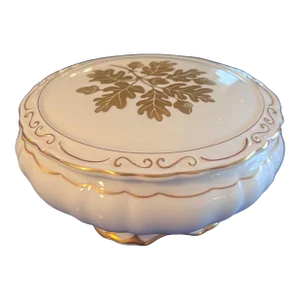 1960s Coleport Fine Bone China Large Footed Trinket Box With Handpainted Gold Gilt Acorn and Oak Leaves