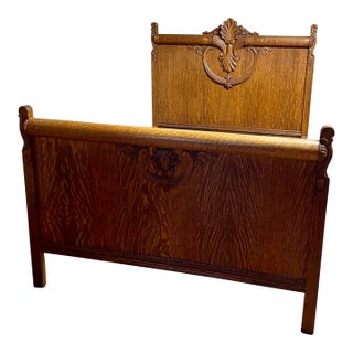 Antique Victorian Hand Carved Oak Bed For Sale