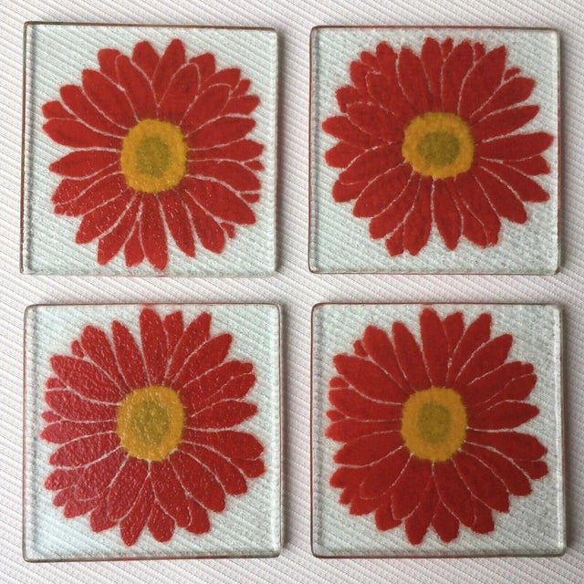 Flower power! This unique set of four (4) vintage Red Zinnia Hand-painted Glass Coasters would be a fun and festive accent...