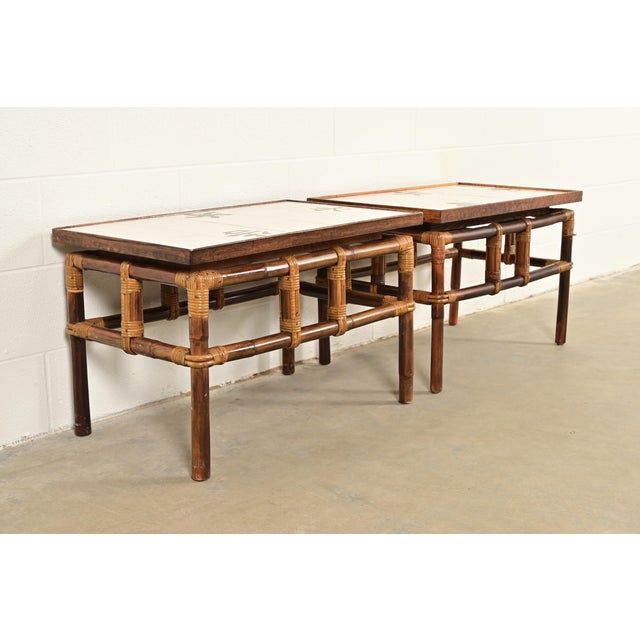 Ficks Reed John Wisner for Ficks Reed Mid-Century Hollywood Regency Bamboo Rattan Tile Top Side Tables, 1950s For Sale - Image 4 of 10