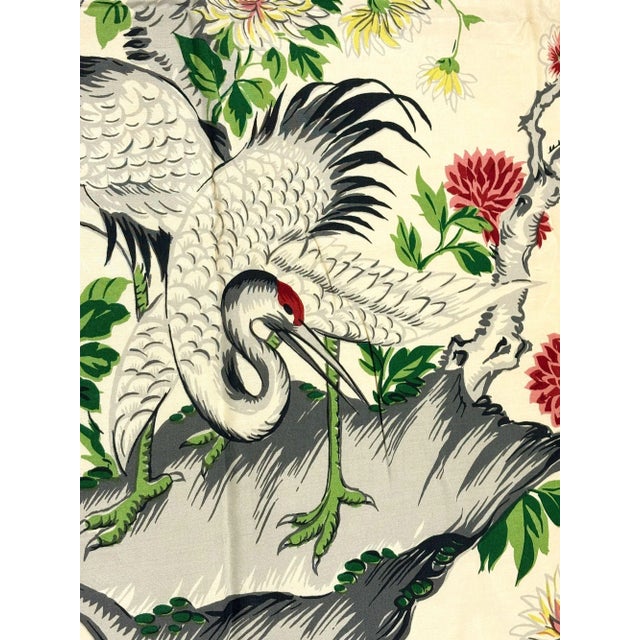 Asian Mid Century Silk Curtain Panel With Cranes, Pine, and Chrysanthemums - 2 Available For Sale - Image 3 of 7