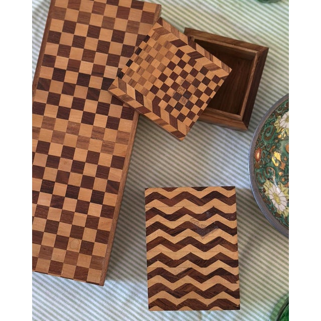 Set of three vintage marquetry boxes Love this amazing grouping of boxes with geometric patterns. This beautiful trio is...
