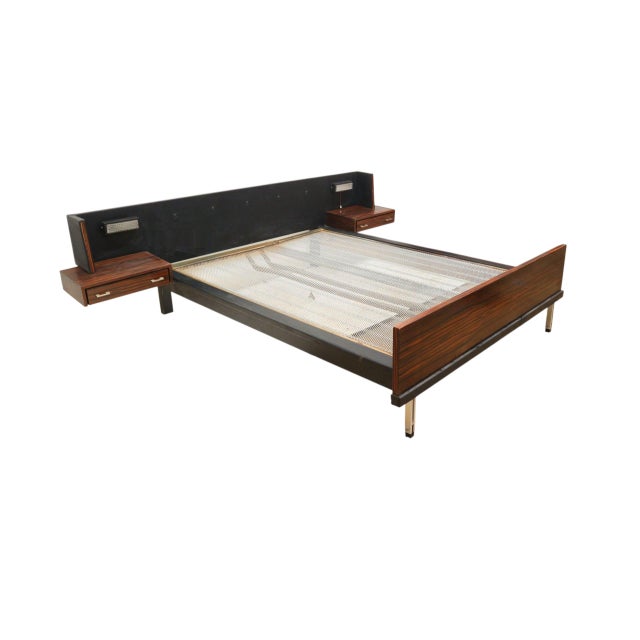 Vintage Double Bed with Floating Bedside Tables and Lighting, 1960s, in Good conditions. Designed 1960 to 1969