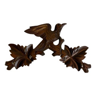 Early 20th Century Carved Wood Bird and Leaf Plaque With Hooks For Sale