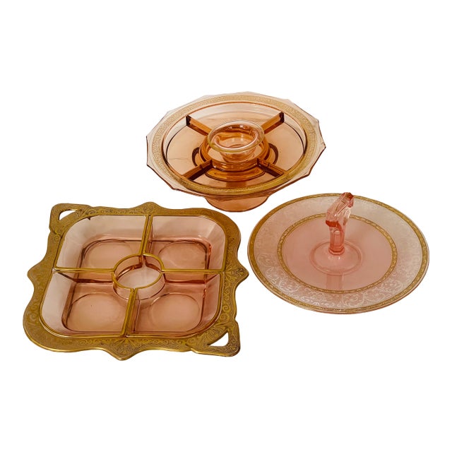 Gorgeous Antique Bohemian Pink Miser Glass Serving Dishes For Sale